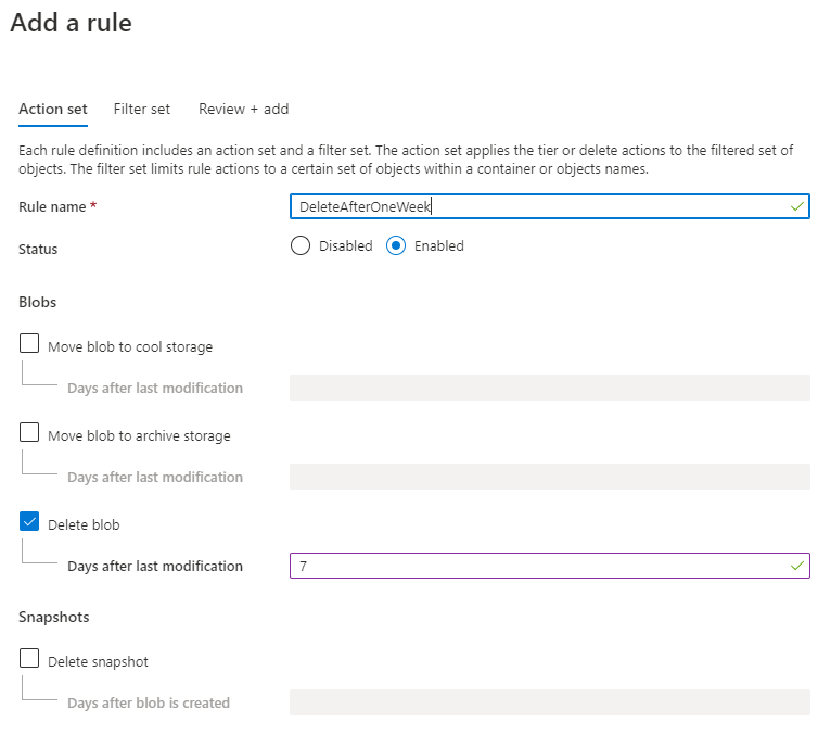 Settings of a life-cycle rule of a Blob Service in Azure Storage Account.